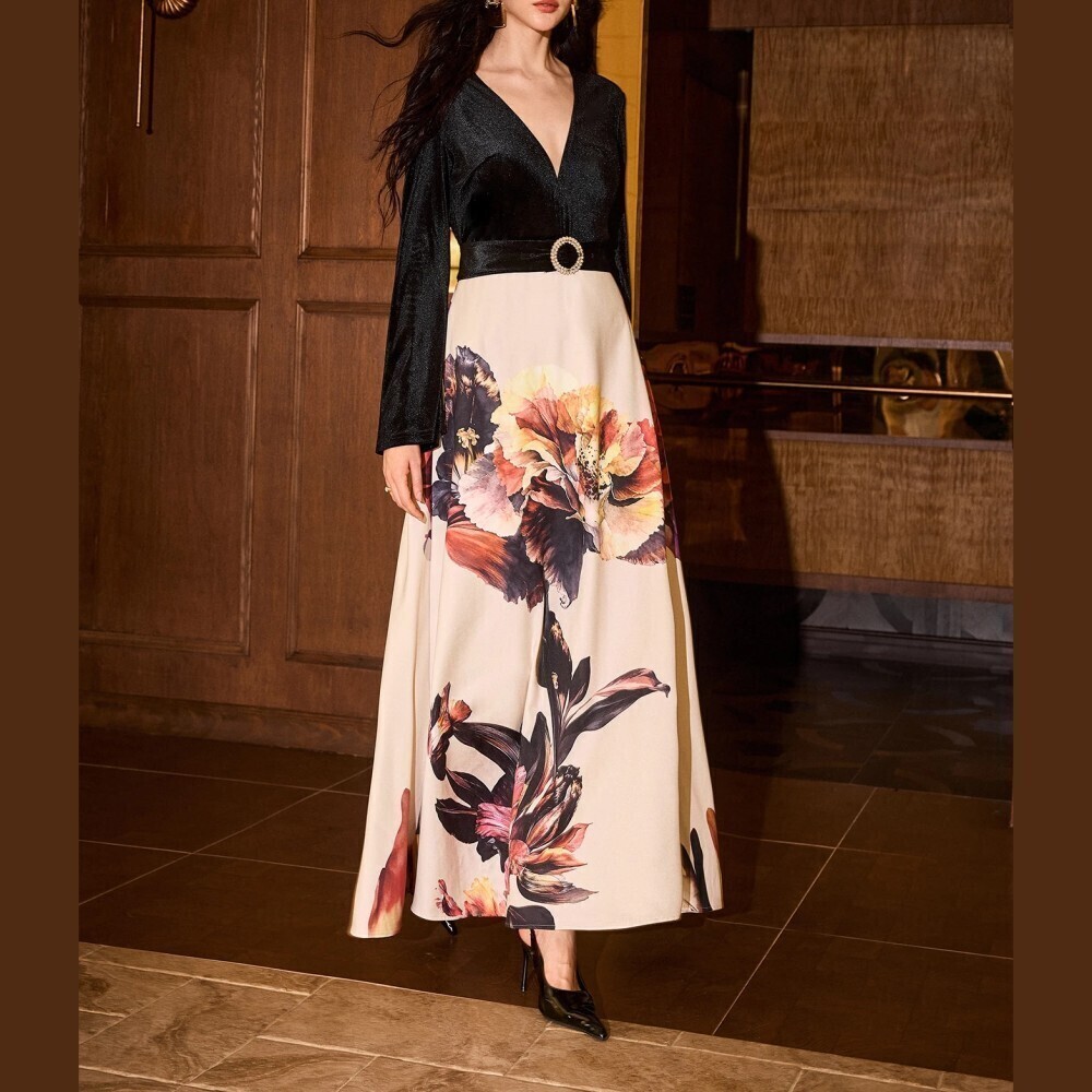 Cream and Black Velvet Bodice Floral Print Skirt V Neck Maxi Dress